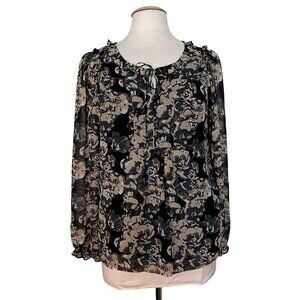 Whimsigoth Floral Blouse M Womens Long Sleeve Black Fairy Grunge Ruffle Romantic